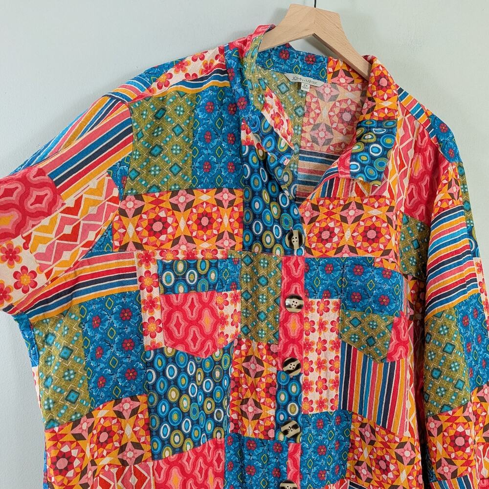 John Mark Button Top 2x 2xl Multicolor Patchwork … - image 7